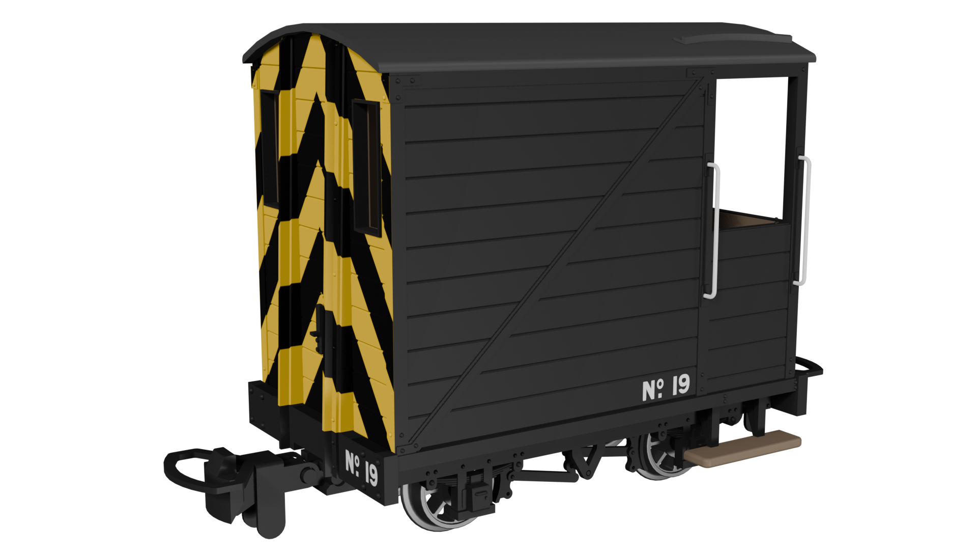 990806 Single Veranda Brake Van – Black with Wasp Stripes No.19 (image for) 990806 Single Veranda Brake Van – Black with Wasp Stripes No.19